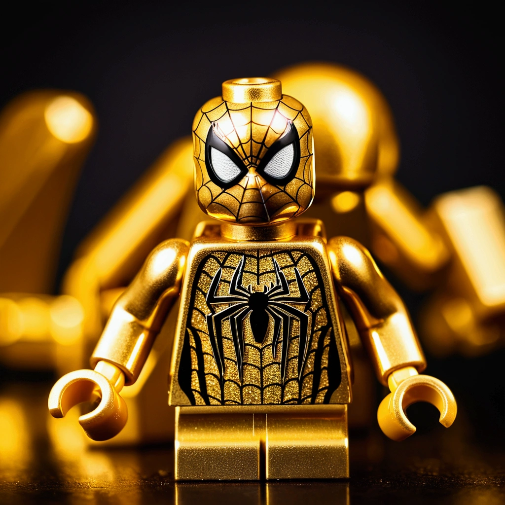 A photo of a golden lego like Spiderman, golden toy, plastic, mini gold