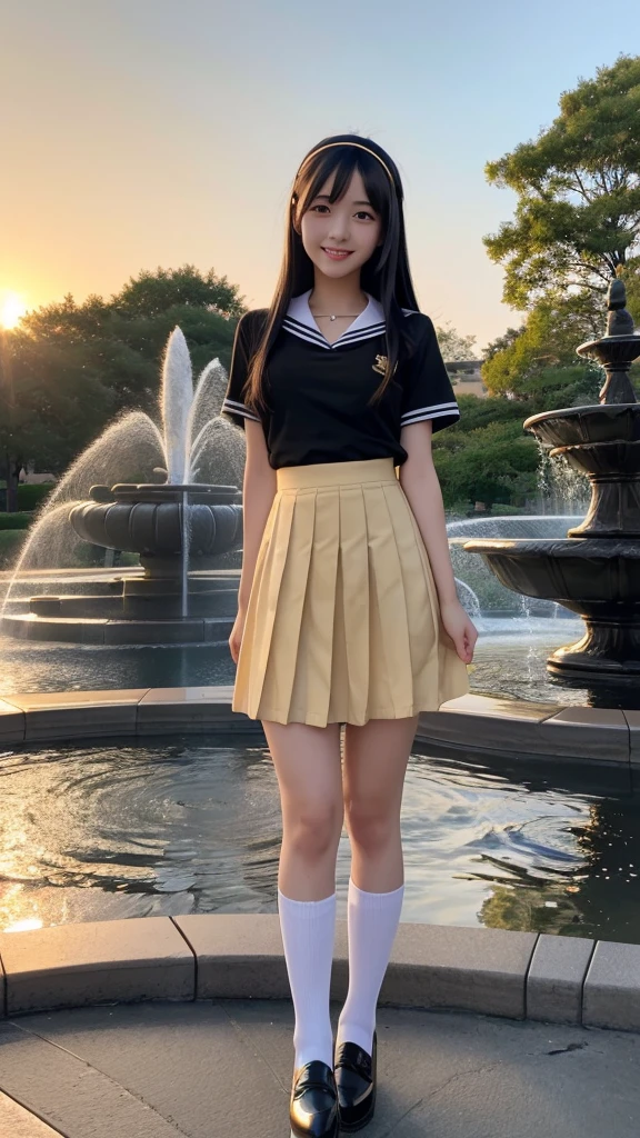 Japanese high school girl smiling young face long black hair straight long black hair gold hairband gold and black short sleeve sailor uniform gold pleated skirt black socks gold high heels standing in front of fountain plaza park nostalgic scenery romantic scenery sunset sky twilight