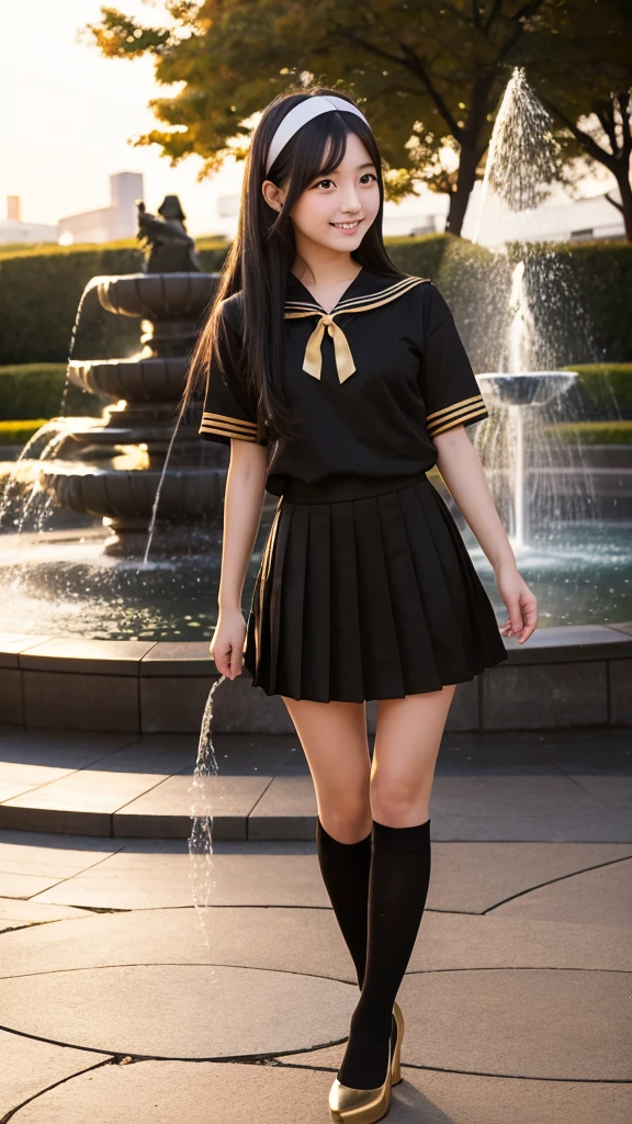 Japanese high school girl smiling young face long black hair straight long black hair gold hairband gold and black short sleeve sailor uniform gold pleated skirt black socks gold high heels standing in front of fountain plaza park nostalgic scenery romantic scenery sunset sky twilight
