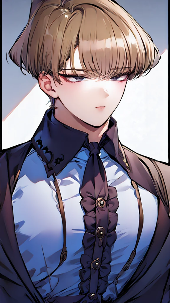 boy with blond hair、glare、gothic fashion