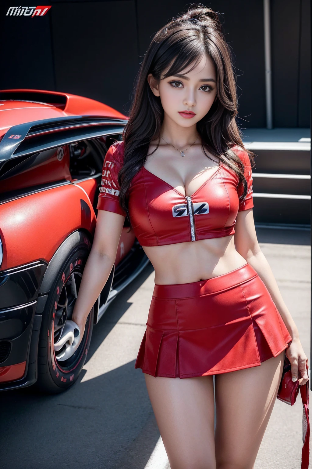 (masterpiece), ( MotoGP Racing Girls), (Eyeliner:0.5),(blush:0.5), Black Hair, A faint smile, Refers to a beautiful and delicate girl, Extremely detailed eyes and face, Beautiful and delicate eyes, , ((MOTOGP events)), (MotoGP track background), (best quality, high resolution, Reality, The original, 8K,masterpiece, ),(((Dynamic poses))),(((Midsection perspective))),(((Showing the underside of the chest ))),(((Red Mini Skirt Lift))),(((Bare inner thighs))),(((Formula One cars on display))), (Vibrant colors:1.2), (Beautifully),