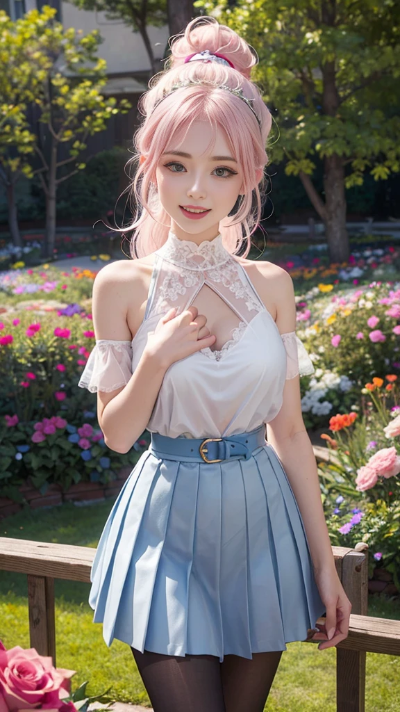 real, girl alone, blonde, very short hairstyle, short bomb, petite, purple eyes, shining eyes, cropped top, skirt, parted lips, blush, night, flower, sun, sunlight, white skirt, short skirt, medium length hair, realistic, warm color, white short dress, white clothes, light background color, daytime environment, bright color background, saudi, sea, cute,