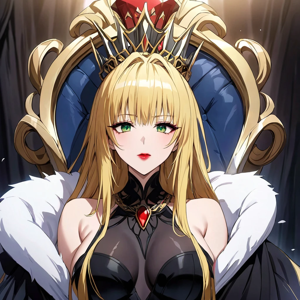 ((Highest quality)), ((masterpiece)), (detailed), （Perfect Face）、The woman is Tiare, a Disney princess with green eyes, medium-long blonde hair, red lipstick and makeup, and is the Queen of Darkness. She is wearing a gorgeous dress and crown, and is reigning on a gorgeous throne.