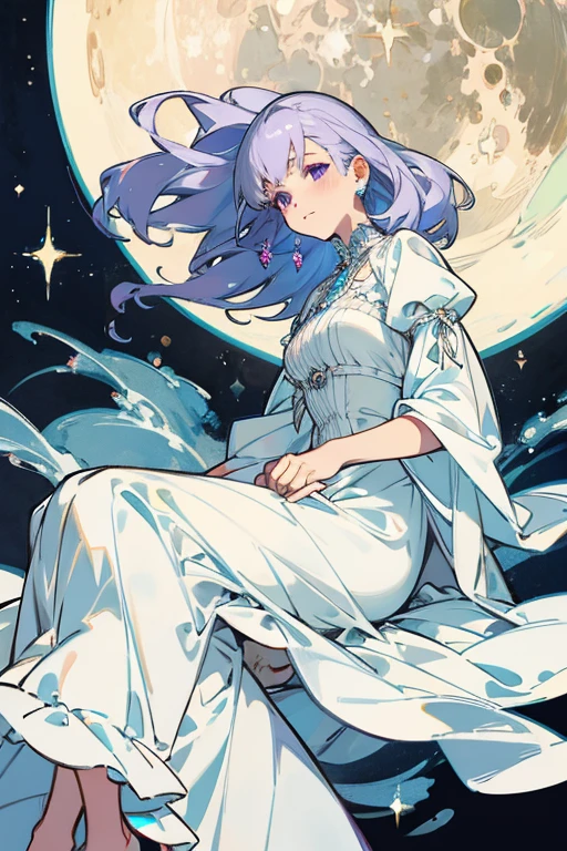 (of the highest quality、16k、Masterpiece、ultra high resolution、victorian era、photorealistic:1.2)、A delicate girl with silver hair, 20 year old woman lying in the water at dusk, surrounded by crystals and a large cat with purple eyes. Her platinum hair is messy., framing its androgynous charm. She is wearing a flowing white dress and holding a pocket watch in her hand.. A subtle smile plays on his lips., Your skin shines with the moon with an ultra-dense texture., and his fingers are full and detailed.