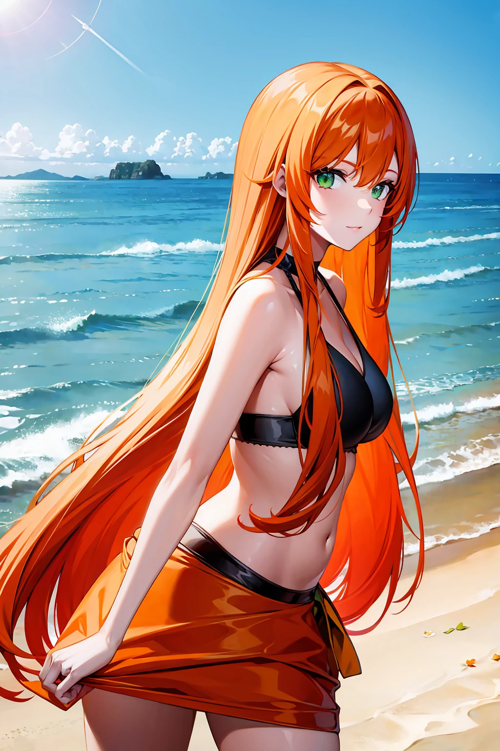 Picture an anime girl with sun-kissed golden hair styled in loose beach waves. She wears a bikini inspired by juicy mangoes, featuring a vibrant mix of orange and yellow hues. Positioned on a sandy beach with palm trees swaying in the background, she stands barefoot in the surf, her bikini adorned with small mango charms. Her expression is one of pure delight, capturing the essence of a tropical paradise as she enjoys the warmth of the sun.