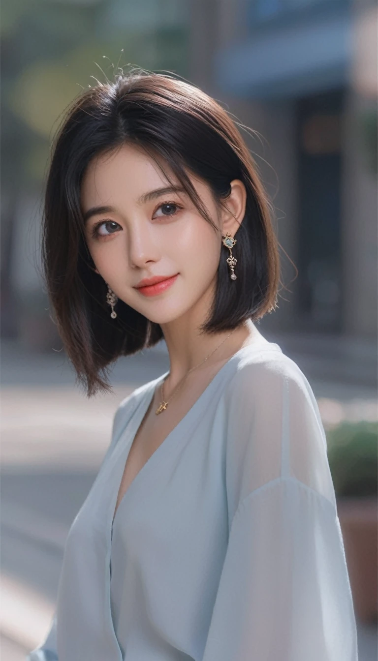 1girl,beautiful girl,Photographing from waist to head、,Fine grain, Perfect functionality, (masterpiece), (Highest quality), (good quality), Intricate details, Earrings, Ray Tracing, (See-through), (Bokeh), (Depth of written boundary), Perfect Skin, Happy, (((black hair))), (((long bob))), medium hair style, 8K, 16K, (((pale blue eyes))), smile, (from front), (((medium shot))),