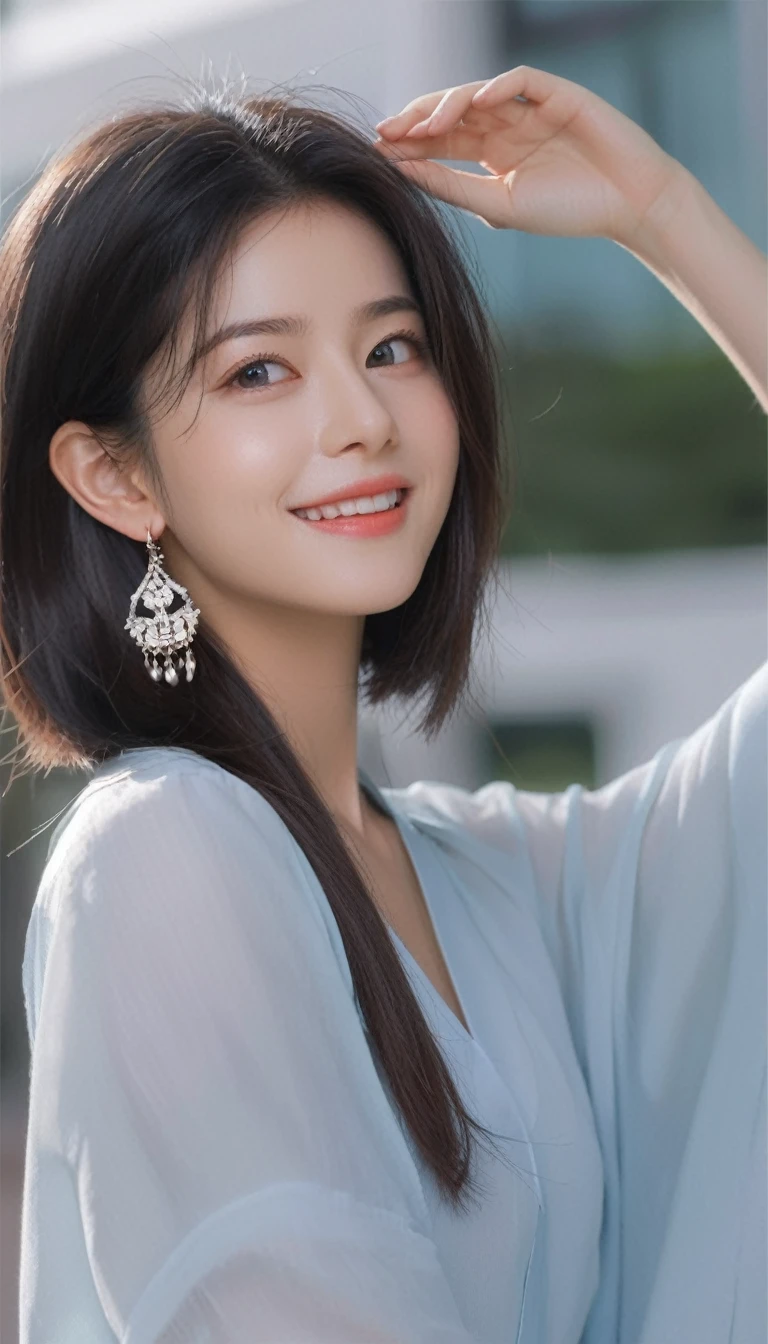 1girl,beautiful girl,Photographing from waist to head、,Fine grain, Perfect functionality, (masterpiece), (Highest quality), (good quality), Intricate details, Earrings, Ray Tracing, (See-through), (Bokeh), (Depth of written boundary), Perfect Skin, Happy, (((black hair))), (((long bob))), medium hair style, 8K, 16K, (((pale blue eyes))), smile, (from front), (((medium shot))),