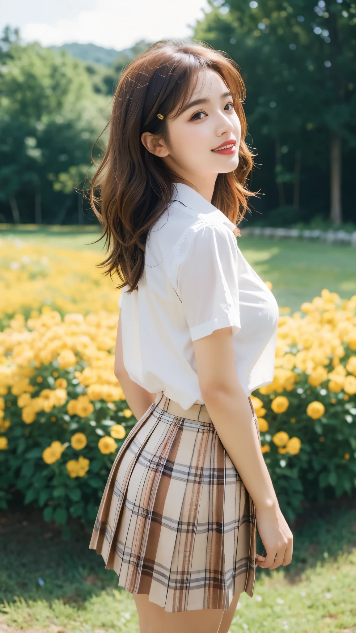 NSFW, 8k RAW photos, best quality, masterpiece, ultra high resolution, film grain, movie, 1 woman, looking at viewer, natural skin texture, Realistic eye and facial details, full Lips, Lipstick, (assembly), Red eyeshadow, fluffy short hair, messy hair, laugh, 입을 다water다, beautiful leg, tall woman, thin, slim_leg, alone, huge breasts, The cleavage is visible, Pose with your butt facing forward., Very short skirt, ~am, shirt, beautiful natural location, Around the flower field, (detailed background), plaid skirt, white shirt, huge breasts, split, Show a little split through the shirt, loafers, haziness background, haziness, possession, plaid, short sleeve, brown hair, bracelet, water, forehead, , bijouterie, parted Lips, Lips, from the side, pleated skirt, depth of field
