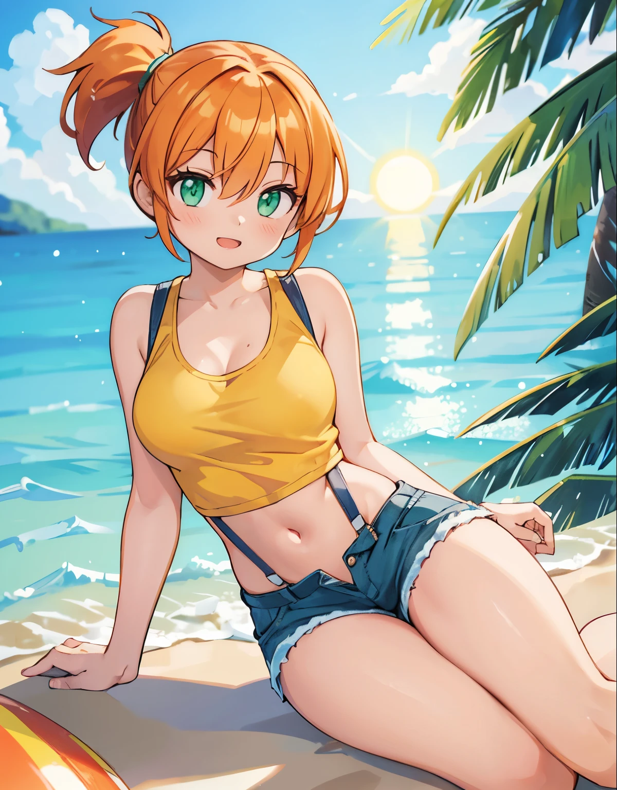 (best quality,4k,8k,highres,masterpiece:1.2), ultra-detailed, realistic:1.37, HDR, studio lighting, vivid colors, bokeh, baking, a beautiful girl, a girl lying on a beach chair, drinking a tropical cocktail,beautiful detailed eyes,beautiful detailed lips,extremely detailed eyes and face,long eyelashes,  misty, 1girl, breasts, looking_at_viewer, short_hair, closed_mouth, bangs, navel, hair_between_eyes, bare_shoulders, sitting, green_eyes, full_body, lying, sleeveless, midriff, orange_hair, side_ponytail, crop_top, looking_to_the_side, eyelashes, bare_legs, sleeveless_shirt, leaning_forward, arm_support, suspenders, tank_top, denim_shorts, yellow_shirt, hair_tie, green_shorts, suspender_shorts, yellow_tank_top, down blouse, body shape, chubby thighs, thick thighs, open mouth, smile, glowing sun, golden sand, crystal clear ocean waves, colorful seashells, warm summer breeze, detailed face, stunning eyes, radiant smile, elegant pose, cinematic lighting, vibrant colors, hyper realistic, masterpiece, 8k, photo-realistic