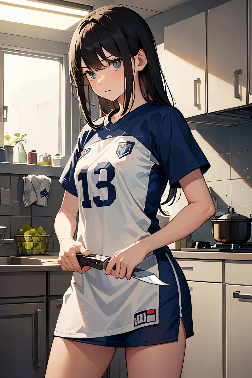 Girl wears football team shirt, knife in hand, She holds a kitchen knife in her right hand, the blade glinting under dim overhead lighting. In the background, a discarded football jersey lies crumpled on the floor, with torn fabric and stains.