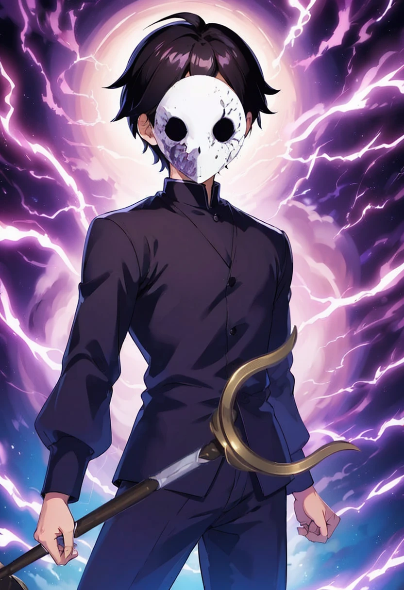 Young man wearing a white mask and holding a staff. Purple lightning background.