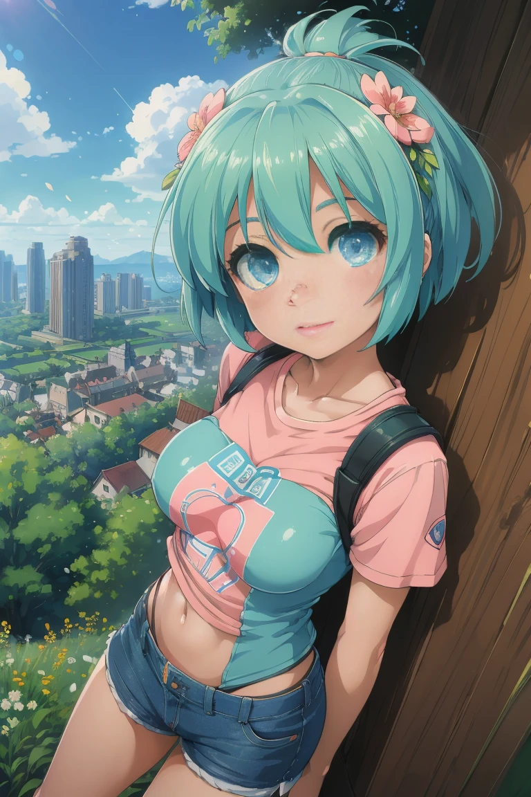 2d, masterpiece, best quality, anime, highly detailed face, highly detailed background, perfect lighting, lola, blue eyes, green_hair, cityscape, full_body, solo, solo focus, t-shirt, shorts, colorful auspicious clouds, sakura, leaf, tree, waterfall, acorn, soil, blurry_foreground, 1girl, day, painting, depth_of_field, blurry, (best quality), ((masterpiece)), cute anime girl, green hair, short hair, pink t-shirt, cutout above navel, blue denim shorts, black boots, forest, c(lean detailed faces), analogous colors, beautiful gradient, clean image, high quality, high detail, high definition, cute face, 4k resolution, full body, ultra sharp focus, extremely detailed eyes, blue eyes, detailed symmetric realistic face, extremely detailed natural texture, perfectly centered medium upper shot, nikon d850 film stock photograph, kodak portra 400 camera f1.6 lens, extremely detailed, amazing, fine detail, rich colors, one body, fully clothed, face, head in frame, body in frame, good proportions, smiling, android heroine, vivid color.digital 2d, anime manga robot! anime girl, fully robotic!! girl, nanogirlv 2, symphogear, fully robotic!!, mikudayo, masterpiece, best quality, reeds, lens flare, shade, bloom, official artwork