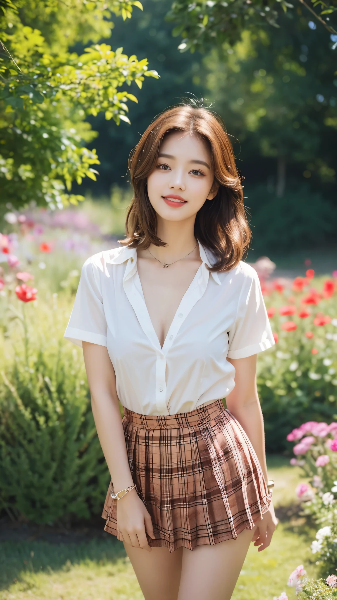 NSFW, 8k RAW photos, best quality, masterpiece, ultra high resolution, film grain, movie, 1 woman, looking at viewer, natural skin texture, Realistic eye and facial details, full Lips, Lipstick, (assembly), Red eyeshadow, cute hairstyle, messy hair, laugh, 입을 다water다, beautiful leg, tall woman, thin, slim_leg, alone, huge breasts, I see cracks, posture with chest out., pretty short skirt, ~~~am, shirt, beautiful natural location, Around the flower field, (detailed background), plaid skirt, white shirt, huge breasts, split, Show a little split through the shirt, loafers, treasury background, treasury, possession, plaid, short sleeve, brown hair, bracelet, water, forehead, , jewelry store, parted Lips, Lips, pleated skirt, depth of field