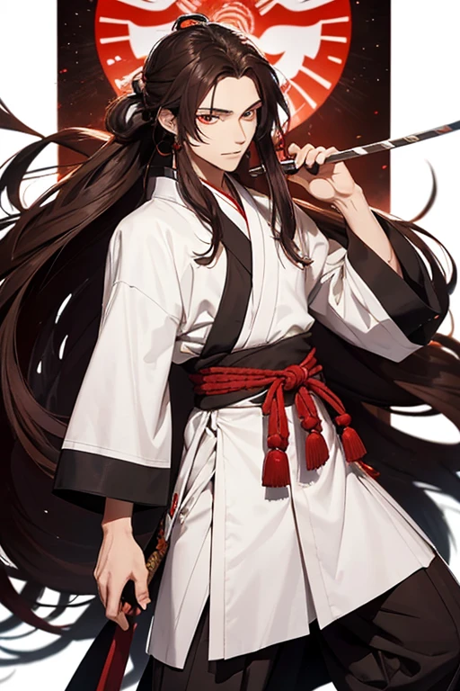 Demon slayer. A 19 year old man with long brown hair in a half pony tail. The hair is down to his waist and he has red eyes. Also, he wears a plain white haori which is coverd in transparent patches. He is wearin okobo's from the taisho era.