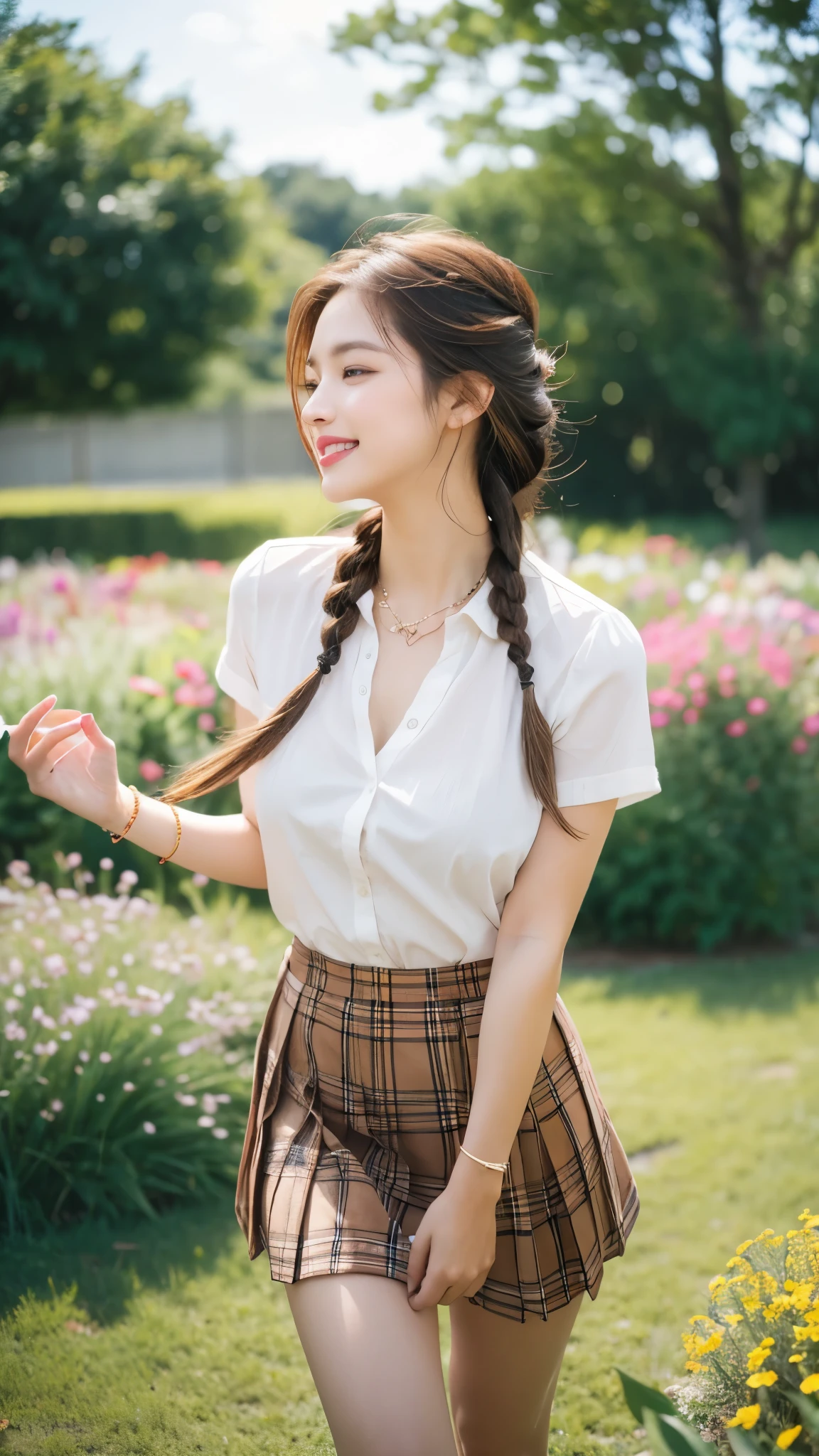 NSFW, 8k RAW photos, best quality, masterpiece, ultra high resolution, film grain, movie, 1 woman, looking at viewer, natural skin texture, Realistic eye and facial details, full Lips, Lipstick, (assembly), Red eyeshadow, Braided hairstyle, messy hair, laugh, 입을 다water다, beautiful leg, tall woman, thin, slim_leg, alone, huge breasts, I see cracks, posture with chest out., pretty short skirt, ~~~~am, shirt, beautiful natural location, Around the flower field, (detailed background), plaid skirt, white shirt, huge breasts, divided, Show a little divided through the shirt, loafers, treasury background, treasury, possession, plaid, short sleeve, brown hair, bracelet, water, forehead, , jewelry store, parted Lips, Lips, pleated skirt, depth of field