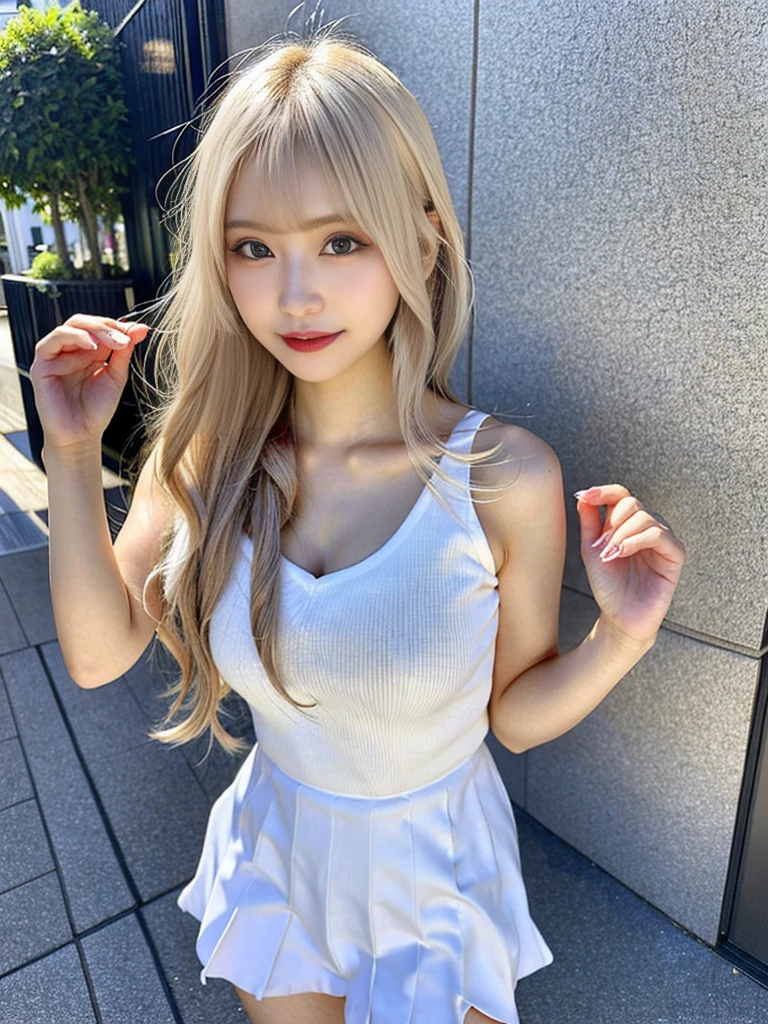 ( Masterpiece, highest quality), 98k, ((Perfect Anatomy:1.3)),Beautiful Japanese Women, alone, 18-year-old, Small face,Cute face:1.2,Smiling, Larger breasts, ,Beautifully detailed round eyes, Droopy Eyes 1.4, Long platinum blonde hair,Random Hair, (Highly detailed face and skin texture), Beautiful face in golden proportions,White skin,Accentuate your beautiful legs,Cheerleader in white mini dress style,Random sexy poses, Sunny day,((Angle where you can see up to the legs:1.3)),(Standing like a model:1.3)