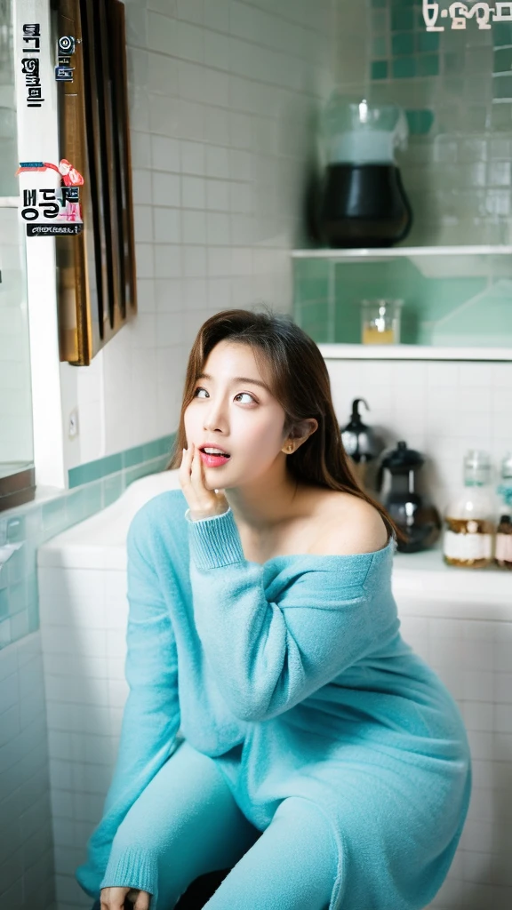 One woman、Korean、beautiful、curvy、bathroom