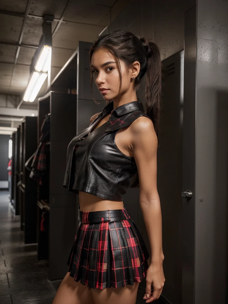 8k, RAW photo, best quality, ultra high resolution, (photorealistic), realistic photo of skinny brunette girl, (skinny brunette girl, 20 years old, slim face, tanned skin, black hair, two ponytails hair, double ponytails), in the school, lockers, hallway, bright light, (full body picture), (photo from the side), standing posing for picture, (sexy pose), (wearing: (red plaid print skirt, pleated skirt, black leather top, black thighhigs, jewelry,), ((looking at viewer)), fierce look, seductive, (extremely detailed CG unity 8k wallpaper), Sharp focus, (bright light)
