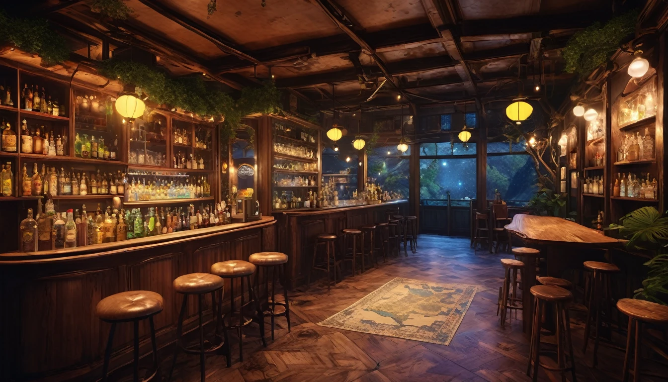 The interior of a retro, cute and fantasy bar at night, nestled deep in a mysterious forest。The large windows offer a beautiful view of the forest and the starry sky.、Moody lighting softly illuminates the interior of the store.。A row of fantastic antique wooden furniture、The walls are decorated with old maps and magical items.。There are bottles of alcohol lined up behind the counter.、It has a magical glow。The interior of the store is quiet, making you feel as if you have wandered into another world.。The overall atmosphere is magical, dreamy and tranquil.。Different world、Different dimension、Very realistic、Realistic、Surreal、masterpiece、Highest quality、High resolution、8K、3D Rendering、Depth of written boundary、