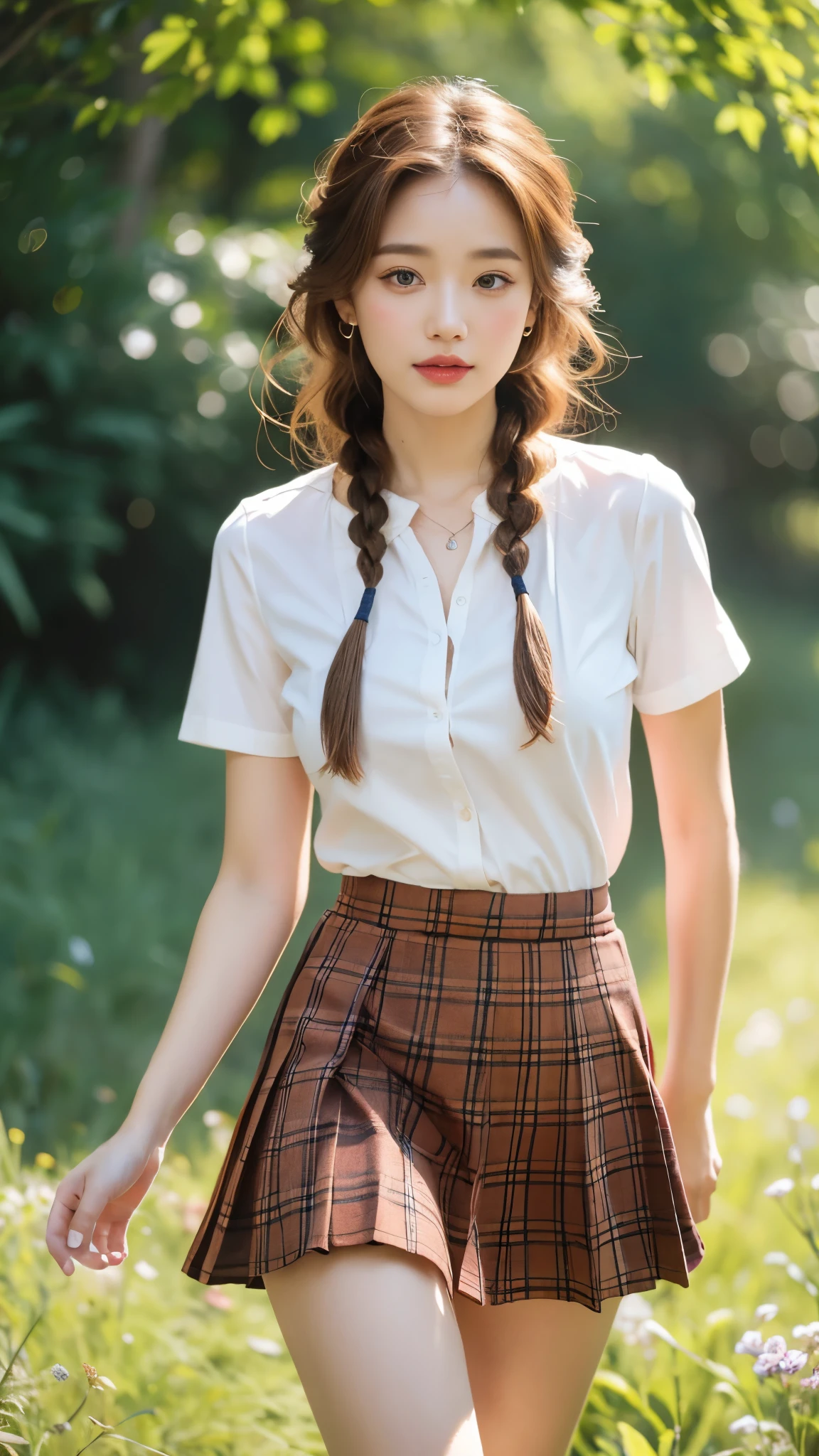 NSFW, 8k RAW photos, best quality, masterpiece, ultra high resolution, film grain, movie, 1 woman, looking at viewer, natural skin texture, Realistic eye and facial details, full Lips, Lipstick, (assembly), Red eyeshadow, Braided hairstyle, messy hair, laugh, 입을 다water다, beautiful leg, tall woman, thin, slim_leg, alone, huge breasts, I see cracks, posture with chest out., pretty short skirt, ~~~~am, shirt, beautiful natural location, Around the flower field, (detailed background), plaid skirt, white shirt, huge breasts, divided, Show a little divided through the shirt, loafers, treasury background, treasury, possession, plaid, short sleeve, brown hair, bracelet, water, forehead, , jewelry store, parted Lips, Lips, pleated skirt, depth of field