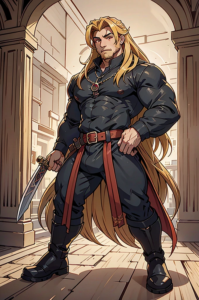 A handsome Galician boy with red eyes, long hair, full body view, with a black shirt, medieval clothes and leather boots, sword, blonde hair, yellow hair