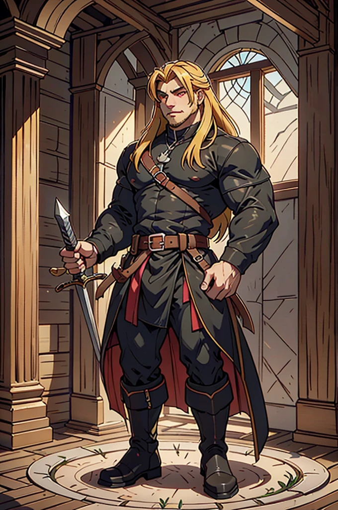 A handsome Galician boy with red eyes, long hair, full body view, with a black shirt, medieval clothes and leather boots, sword, blonde hair, yellow hair