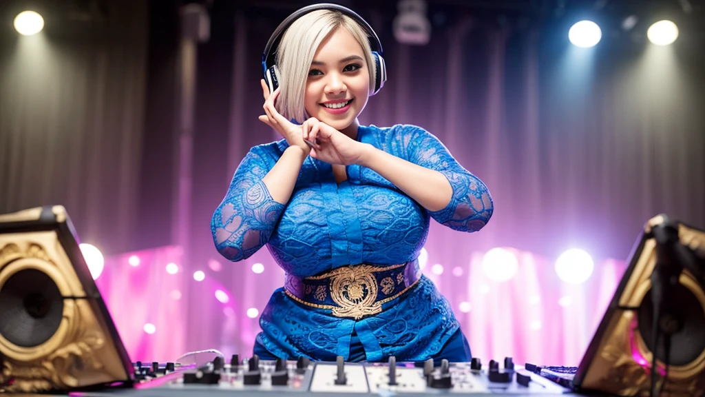(ultra - detailed, 16K resolution, Cinema lenses, rendering by octane), (high resolution:1.18), intricate detail, (masterpiece:1.1), (highest quality:1.1), (1girl, portrait, white hair, blue eyes, short hair, detailed eyes),Wearing silver DJ headphones, 1 Indonesian girl, modern plain hot deep neck top and dupatta, shy, medium portrait, watery eyes, wearing blue kebaya, ((big breasts)), black bokeh background, well-proportioned body,, chubby massive thighs, full body pose, Hena art on the body, hena art on arms, full body view , wearing red sneakers , Smile while DJing on stage, full body shot of, The spotlight shines on the female DJ. Photorealistic photography by Disco Lighting, (cute round face:1.3),big breast, bigtit,perfect fingers, five fingers, beautiful hands, perfect hands. master peace, cute smile.