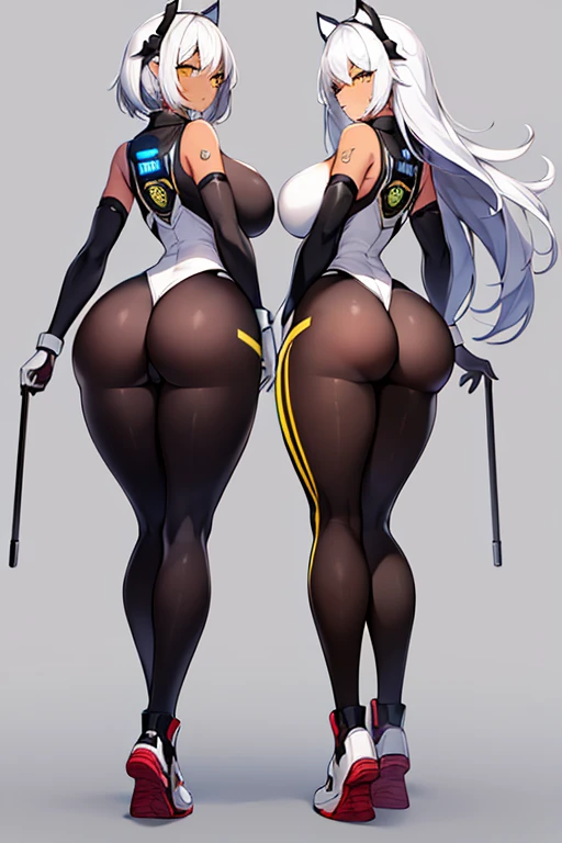 2girls, dark-skinned females, dark-skinned female, dark skin, white hair, long hair, very short hair, large breasts, breasts, wide hips, yellow eyes, smile, bodysuit, black bodysuit, white trim, sleeveless, black pantyhose, pantyhose, futuristic, tech, science-fiction, machinery, full body, ((full body)), from behind, ass, sneakers, wants to have sex, arched back