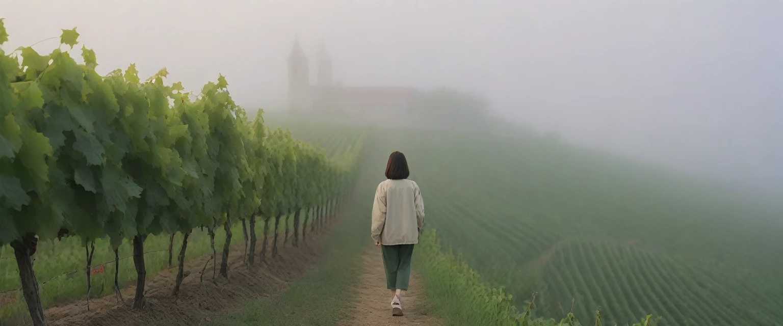 k Best picture quality, Beautiful 36-year-old Korean woman, Chest size 34 inches, The cathedral can be seen through the early morning fog past the vineyards in the Croatian countryside., The back background is realistic and vivid image quality, medium hair, Casual and British - (Beige short-sleeved windbreaker for summer) ,Perfect and realistic photos, The background is realistic. Full body shot with Canon camera 16-35 wide angle lens, expressionless, Standing on a vineyard hill covered in thick fog, Look at the front camera, Full body photo of someone walking from a distance