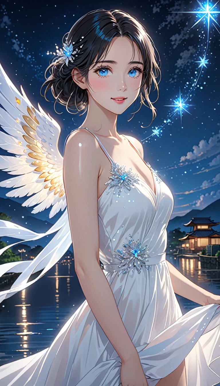 National Science Foundation,masterpiece,High resolution,8K,art,refer,Kyoto Animation Style,Your Name movie style,To the camera,night,midnight,Light,(1 female: 1.3),(alone: 1.4),閃閃發Light的晚禮服,(Wearing a white dress),(Woman in a beautiful formal dress),Pure white dress,Elegant dress with Swarovski crystals,Crystal Hairpin,Long eyelashes,Thin legs,(Medium Hair),(Black Hair),Feminine poses,Sexy pose,Upper body close-up,close,(Show upper body),nightの星空,Eyes as deep as the starry sky,(Pale blue eyes),Watery eyes,Shining beautiful eyes,Blushed,shy,shy,Please smile with your lips slightly open,Woman as beautiful as an angel,mystery,mystery的な,
