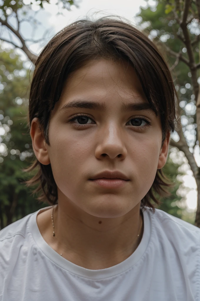 show above boy, looking from the trees, close up face