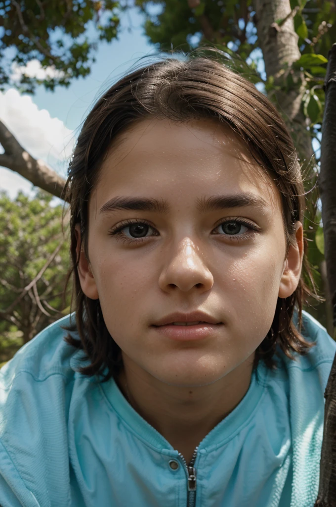 show above boy, looking from the trees, close up face