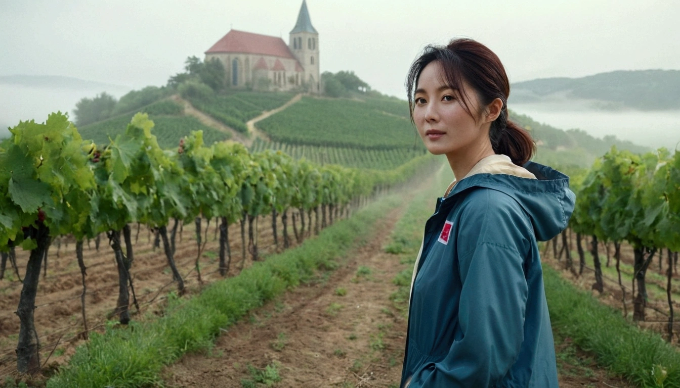 k Best picture quality, Beautiful 36-year-old Korean woman, Chest size 34 inches, The cathedral can be seen through the early morning fog past the vineyards in the Croatian countryside., The back background is realistic and vivid image quality, medium hair, Casual and British - (Beige short-sleeved windbreaker for summer) ,Perfect and realistic photos, The background is realistic. Full body shot with Canon camera 16-35 wide angle lens, expressionless, Standing on a vineyard hill covered in thick fog, Look at the front camera, Full body photo of someone walking from a distance
