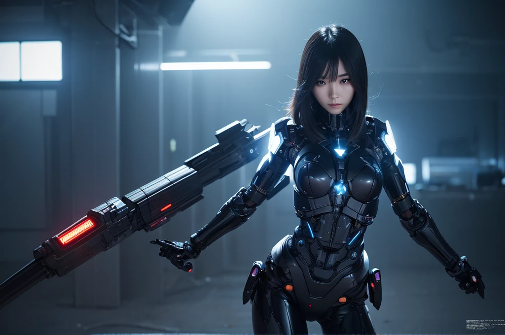 Highest quality,Very sophisticated and beautiful Japanese cyborg girl,Dark night fog、Dynamic pose、 Body with futuristic details.