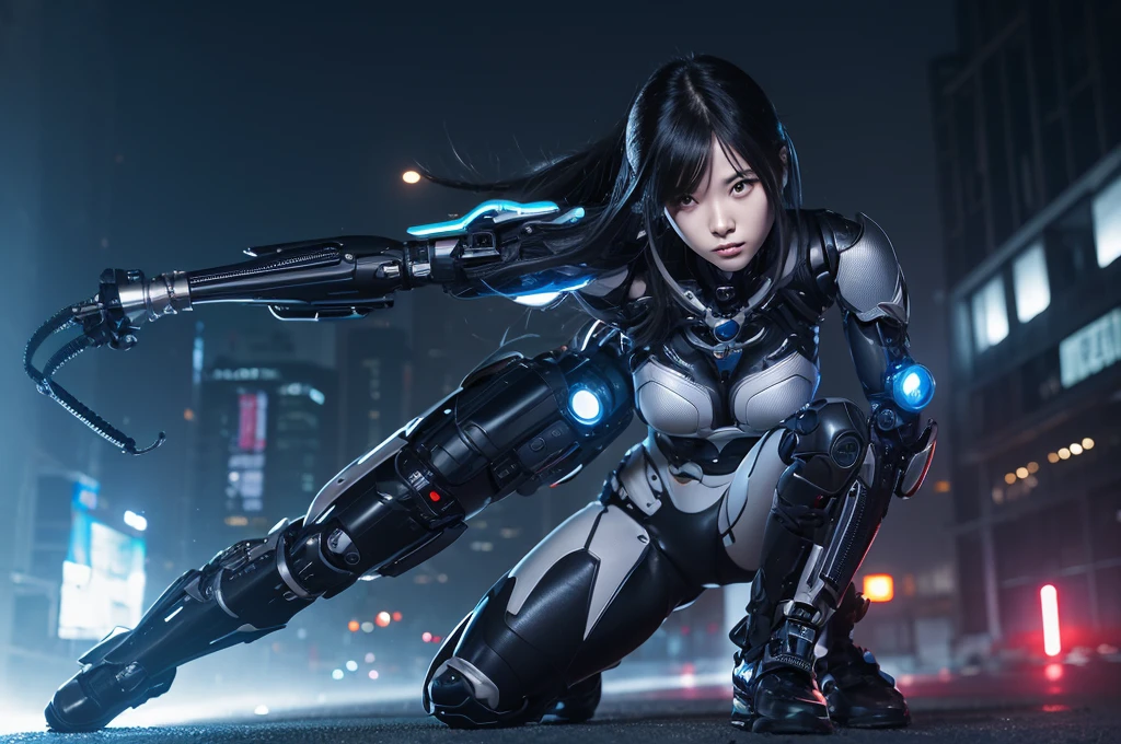 Highest quality,Very sophisticated and beautiful Japanese cyborg girl,Dark night fog、Dynamic pose、 Body with futuristic details. 