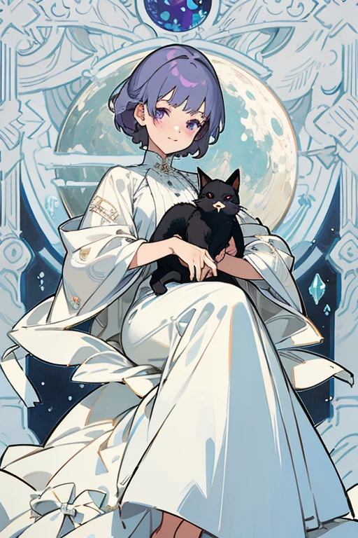 (of the highest quality、16k、Masterpiece、ultra high resolution、victorian era、photorealistic:1.2)、A delicate girl with silver hair, 20 year old woman lying in the water at dusk, surrounded by crystals and a black cat with purple eyes. Her platinum hair is messy., She is wearing a flowing white dress and holding a pocket watch in her hand.. A subtle smile plays on his lips., Your skin shines with the moon with an ultra-dense texture., and his fingers are full and detailed.
