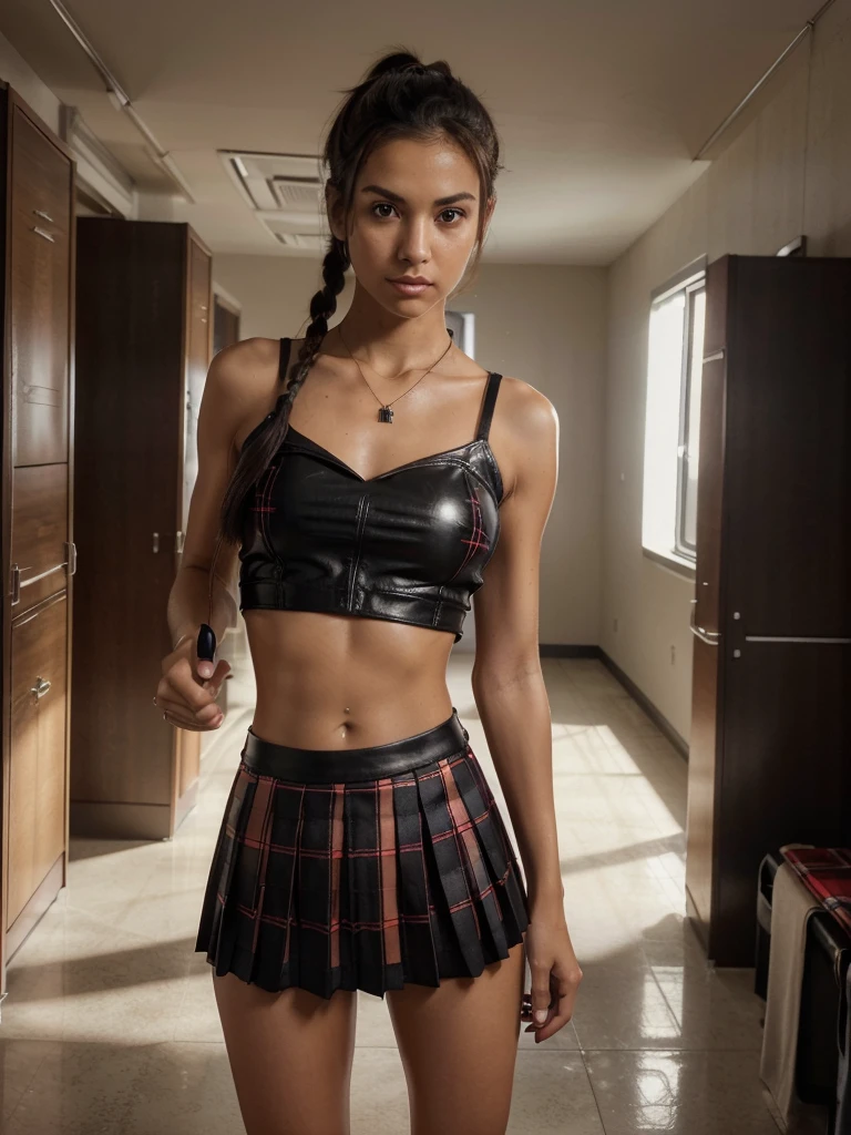 8k, RAW photo, best quality, ultra high resolution, (photorealistic), realistic photo of skinny brunette girl, (skinny brunette girl, 20 years old, slim face, tanned skin, black hair, two ponytails hair, double ponytails), in the school, lockers, hallway, bright light, (full body picture), standing posing for picture, (sexy pose), (wearing: (red plaid print skirt, pleated skirt, black leather top, black thighhigs, jewelry,), ((looking at viewer)), fierce look, seductive, (extremely detailed CG unity 8k wallpaper), Sharp focus, (bright light)
