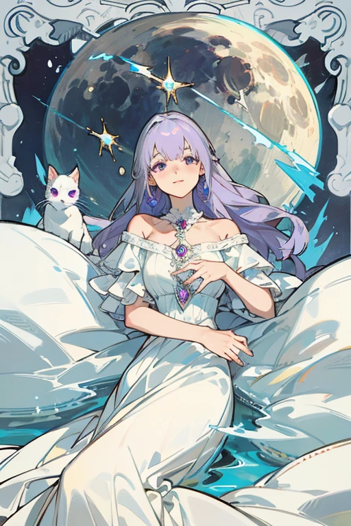 (of the highest quality、16k、Masterpiece、ultra high resolution、victorian era、photorealistic:1.2)、A delicate girl with silver hair, 20 year old woman lying in the water at dusk, surrounded by crystals and a large cat with purple eyes. Her platinum hair is messy., framing its androgynous charm. She is wearing a flowing white dress and holding a pocket watch in her hand.. A subtle smile plays on his lips., Your skin shines with the moon with an ultra-dense texture., and his fingers are full and detailed.