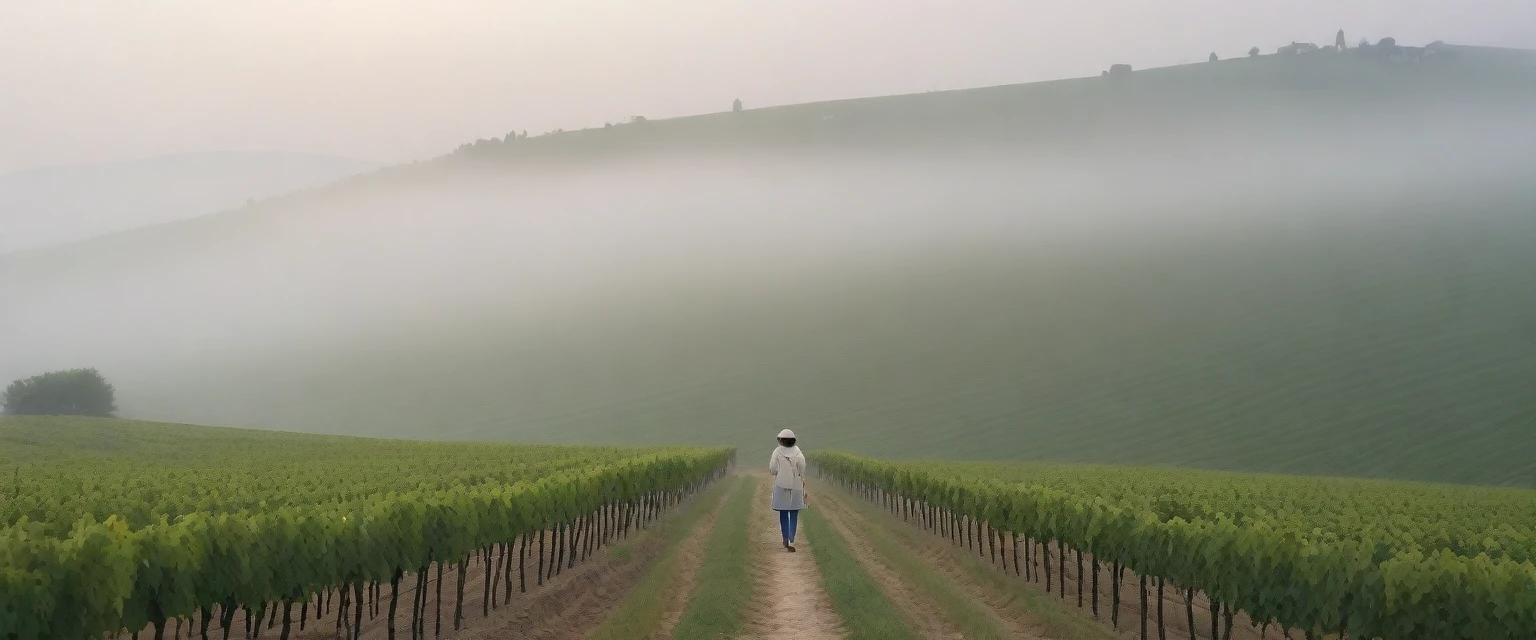 k Best picture quality, Beautiful 36-year-old Korean woman, Chest size 34 inches, The cathedral can be seen through the early morning fog past the vineyards in the Croatian countryside., The back background is realistic and vivid image quality, medium hair, Casual and British - (Beige short-sleeved windbreaker for summer) ,Perfect and realistic photos, The background is realistic. Full body shot with Canon camera 16-35 wide angle lens, expressionless, Standing on a vineyard hill covered in thick fog, Look at the front camera, Full body photo of someone walking from a distance