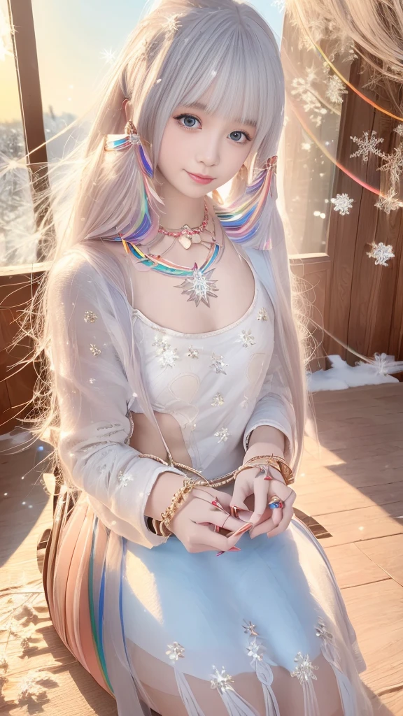 8K, masterpiece, 1 girl, Pretty Face, Very long hair, Light makeup, Delicate eyes, Delicate lips, Small bust, Winter Clothing, Rainbow Skirt, (Wearing Jewelry:1.8), (Rainbow Lace:1.4), ((Snowflakes falling:1.4)), sit,