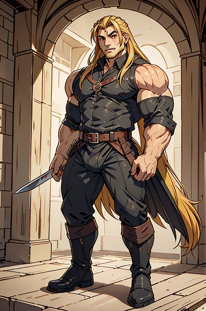 21:12:26 A handsome Galician boy with red eyes, long hair, full body view, wearing a black shirt, medieval clothes and leather boots, sword, blonde hair, yellow hair

