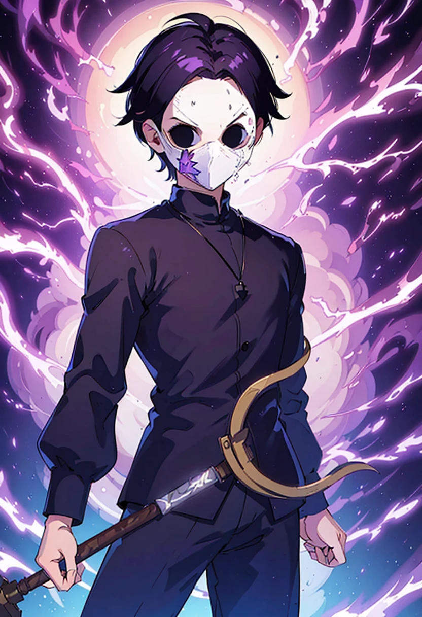 Young man wearing a white mask and holding a staff. Purple lightning background.
