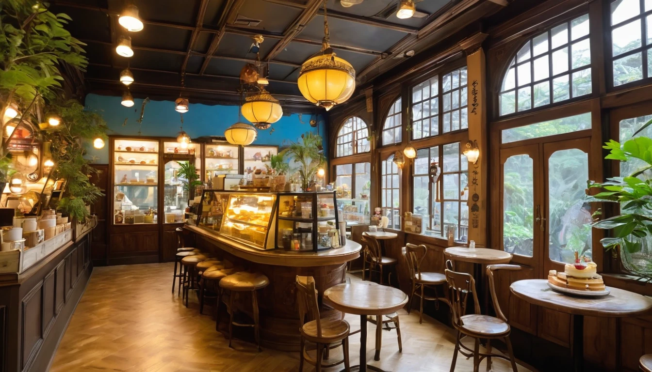 The interior of a retro, fantasy-like cafe located deep in a mysterious forest。The wide windows let in soft natural light.、The interior of the store is gently lit。Old-fashioned wooden furniture、The walls are decorated with antique ornaments and paintings.。Homemade cakes and cookies line the counter、The aroma of fragrant coffee is in the air.。There were no customers in the store.、There is a quiet and calm atmosphere。It's as if time has stopped、It's a comfortable space。The overall atmosphere is magical, dreamy and tranquil.。Different world、Different dimension、Very realistic、Realistic、Surreal、masterpiece、Highest quality、High resolution、8K、3D Rendering、Depth of written boundary