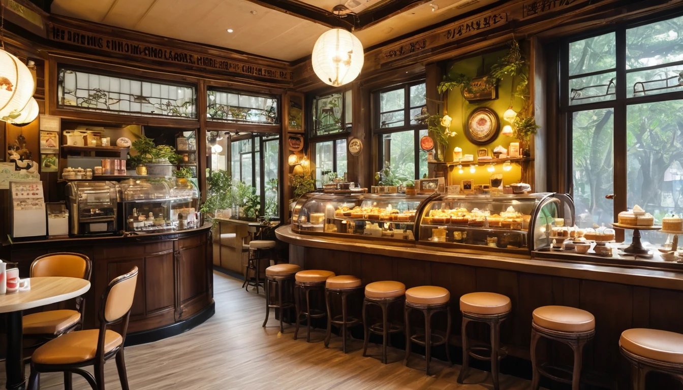 The interior of a retro, fantasy-like cafe located deep in a mysterious forest。The wide windows let in soft natural light.、The interior of the store is gently lit。Old-fashioned wooden furniture、The walls are decorated with antique ornaments and paintings.。Homemade cakes and cookies line the counter、The aroma of fragrant coffee is in the air.。There were no customers in the store.、There is a quiet and calm atmosphere。It's as if time has stopped、It's a comfortable space。The overall atmosphere is magical, dreamy and tranquil.。Different world、Different dimension、Very realistic、Realistic、Surreal、masterpiece、Highest quality、High resolution、8K、3D Rendering、Depth of written boundary