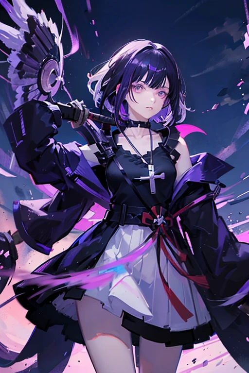 Anime girl holding sword katana, anime, short black hair with neon purple highlights, hair is above shoulder height, smooth beautiful, 4k, anime art, pendant on hair, cross t necklace, vivid white dress, crows in white scenery,beautiful eyes