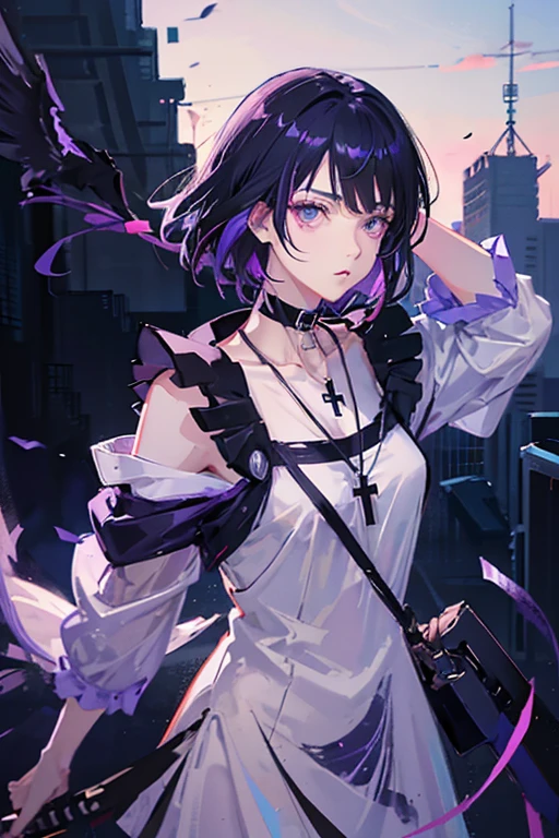 Anime girl holding sword katana, anime, short black hair with neon purple highlights, hair is above shoulder height, smooth beautiful, 4k, anime art, pendant on hair, cross t necklace, vivid white dress, crows in white scenery,