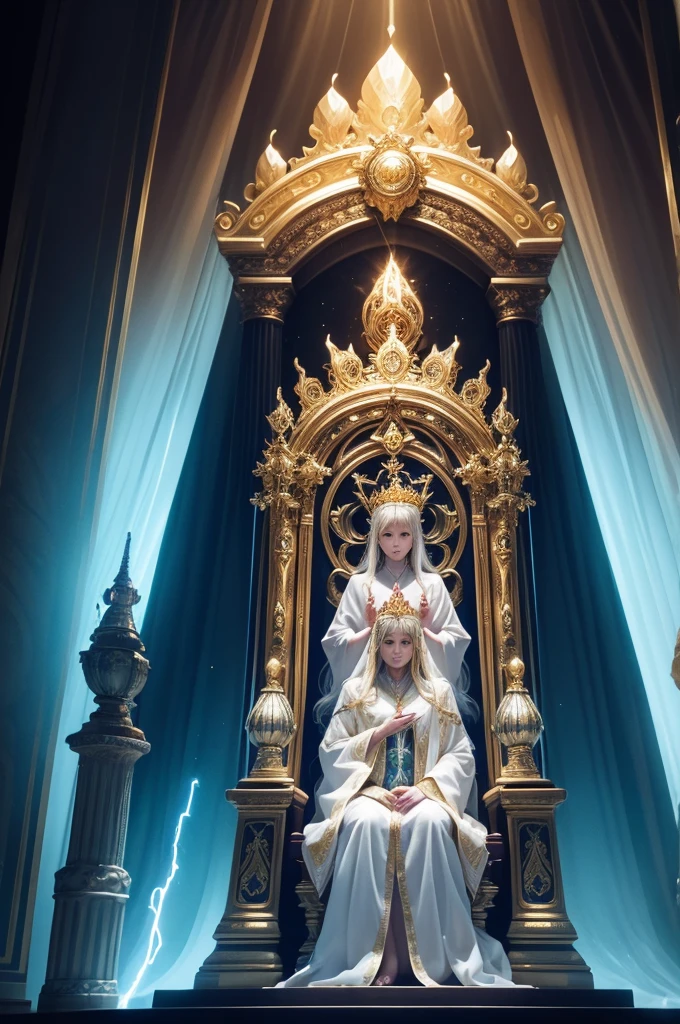 • Throne Central: Place a majestic throne in the center, with an intense glow that appears to reflect green and red lights.
• Rainbow: A bright green rainbow encircling the throne, radiating a mystical aura.
• Elders: Twenty-four elders seated on smaller thrones surrounding the central throne, all in pure white robes and shining gold crowns.
• Lightning and Thunder: Light effects showing lightning coming out of the throne, with sounds of rumbling and thunder visible as shockwaves in the air.
• Tochas: Seven torches before the throne with bright and intense flames.
• Sea of Glass: A transparent, shining surface like crystal before the throne, extending widely.
• Living beings: Four creatures with different shapes, covered with eyes in all visible parts, positioned around the throne.