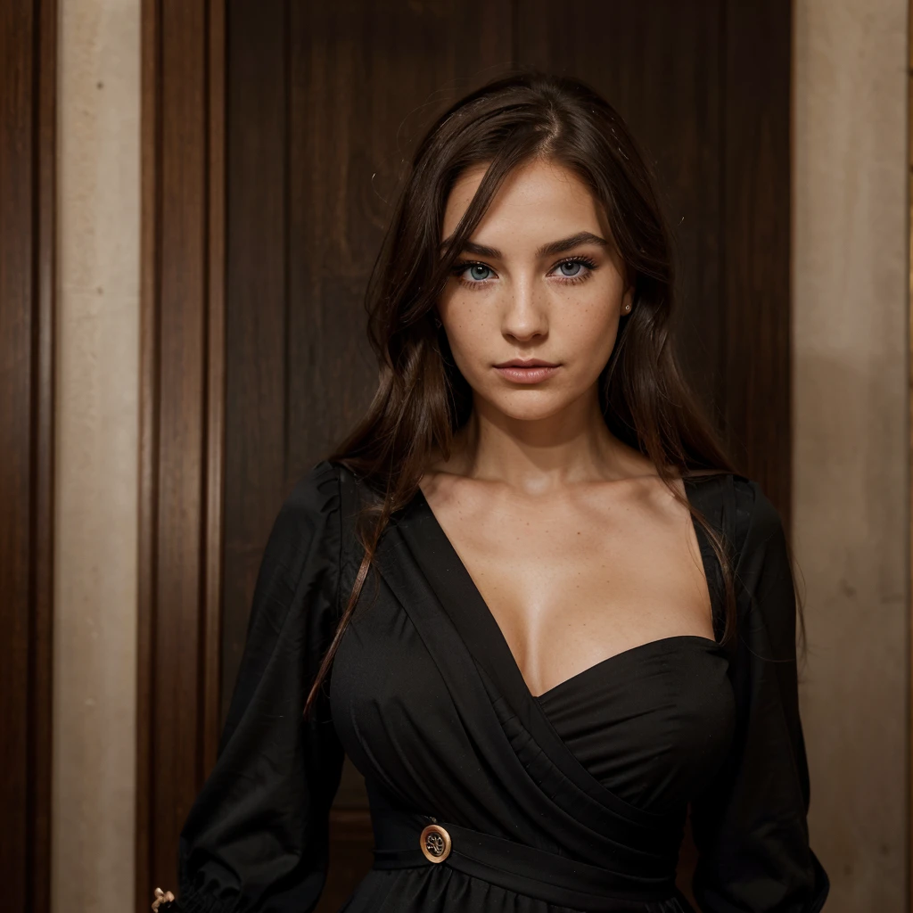 a 22yo woman with a black elegant dress, serious expression and a striking appearance. My brown hair falls over my shoulders in long waves, framing my face and highlighting my blue eyes. My full lips are slightly parted, as if I'm about to say something. My button nose is sprinkled with freckles that contrast with my fair skin. My eyebrows are thick and dark, giving me a bold look. My cheekbones are high and defined, and my eyelashes are long and curled. I'm wearing a black dress that hugs my upper body and shows off my curves. (((I am wearing elegant Italian clothes))), travel italia
