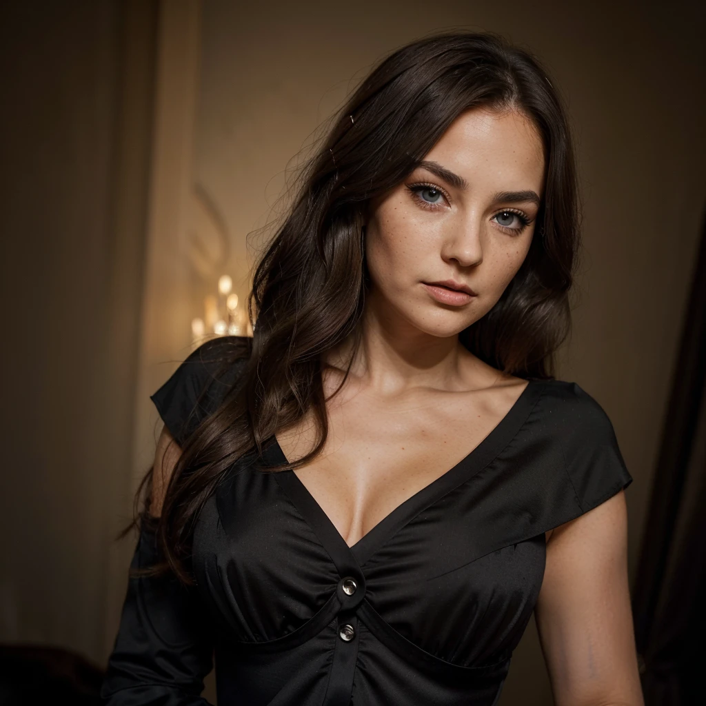 a 22yo woman with a black elegant dress, serious expression and a striking appearance. My brown hair falls over my shoulders in long waves, framing my face and highlighting my blue eyes. My full lips are slightly parted, as if I'm about to say something. My button nose is sprinkled with freckles that contrast with my fair skin. My eyebrows are thick and dark, giving me a bold look. My cheekbones are high and defined, and my eyelashes are long and curled. I'm wearing a black dress that hugs my upper body and shows off my curves. (((I am wearing elegant Italian clothes))), travel italia