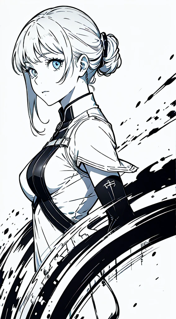 masterpiece, best quality, white background, black and white, monochrome, kaneki_meme, hair over eyes, eyes under bangs, 1girl, short hair, dark hair, earrings, bare shoulders, bow, earrings, detached sleeves, large breasts, from side, looking up, <lora:KanekiKenMeme:0.8>, <lora:OuroKroniiLORA:1>, <lora:animeoutlineV4_16:1>, <lora:add_detail:0.7>